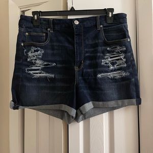 American Eagle Dark Wash Distressed Curvy Hi Rise Shortie Jean Shorts Sz 18